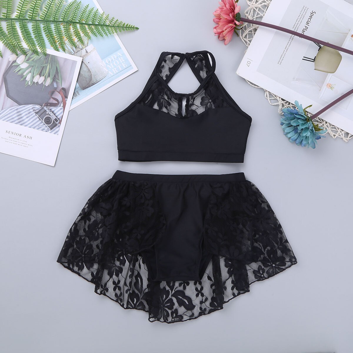 ChicTry Kids Teens Halter Lace Splice Contemporary Lyrical Dance Costumes Gymnastics Top Shorts Set Girls Ballet Tutu Dance Wear