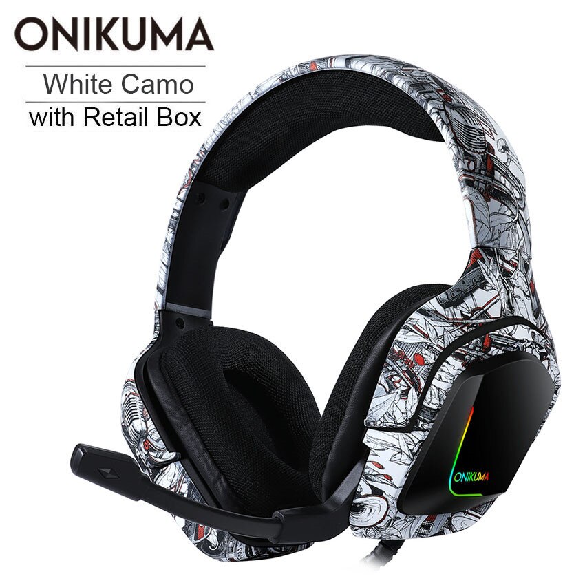 ONIKUMA K20 PS4 Headset casque PC Gamer Stereo Gaming Hoofdtelefoon met Mic/Led Licht voor XBox One/Laptop tablet: White Camo with Box