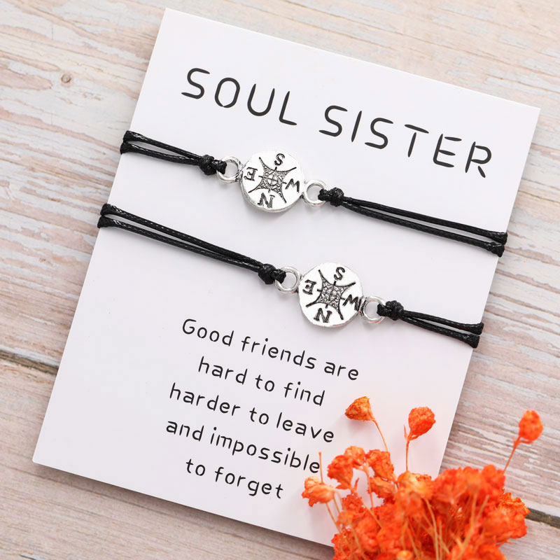 2Pcs/Set Soul Sister Compass Bracelet Friendship Long Distance Compass Charm Couple Bracelet Compass Jewelry Best Friend