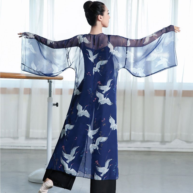 Danza moderna traje de mujer estilo chino dibujo de calavera nacional cárdigan de gasa baile de salón Ballet ropa de baile clásica: Navy