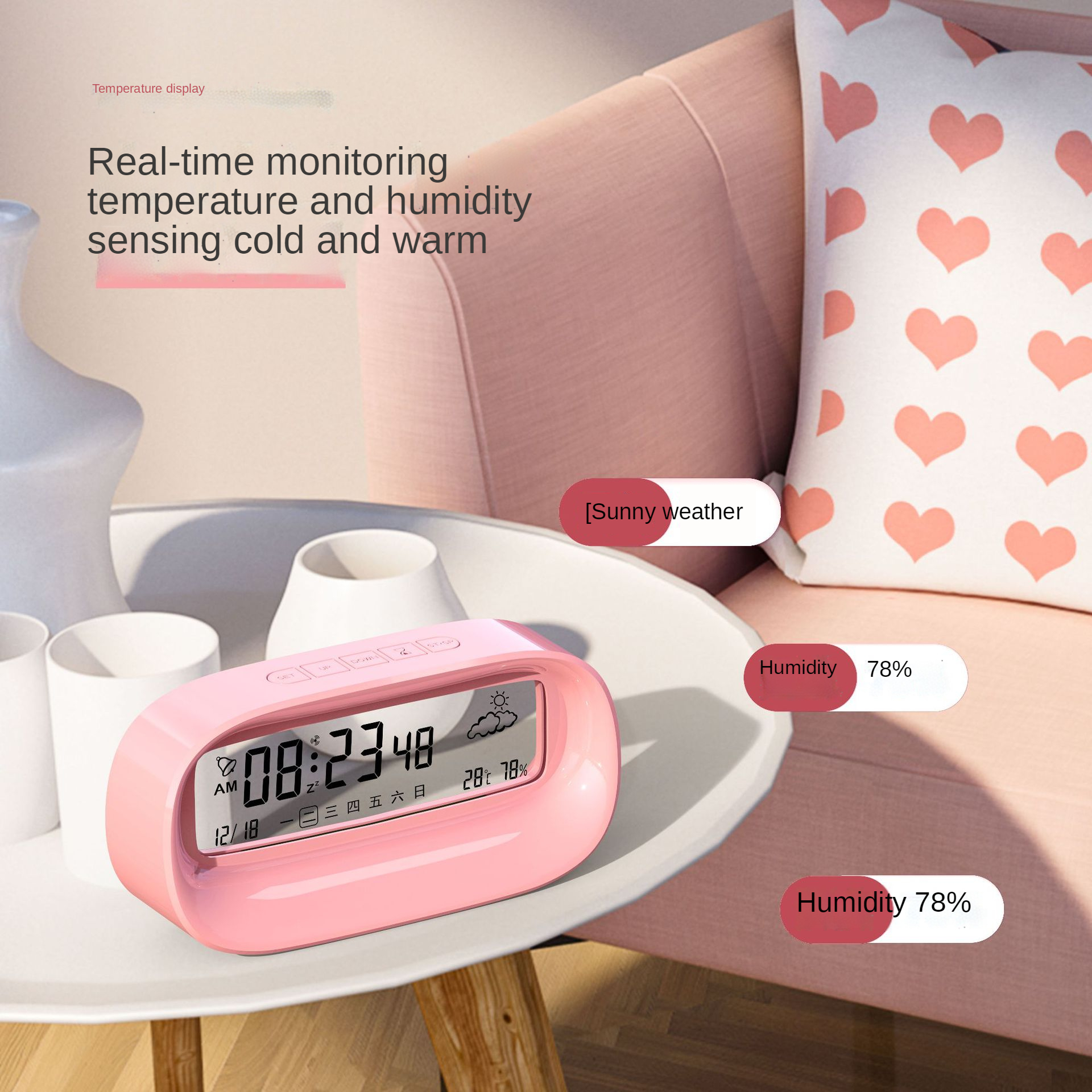 Simple duog alarm clock for students to wake up cute cartoon smart digital calendar LCD multi-function