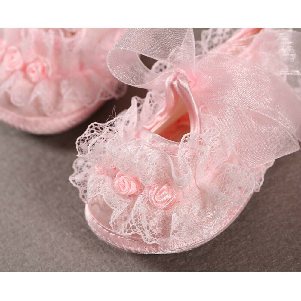 Nyfødt baby pige skridsikre bløde krybbe sko blonder blomst sneakers lærred sko: Blå / 13