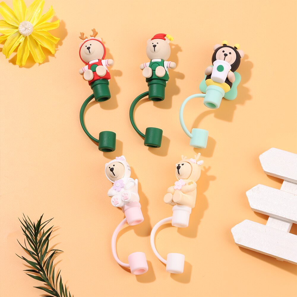 Silicone Straw Stopper Reusable Airtight Splash Proof Dust Straw Plug Glass Cup Accessories Cartoon Tips Cover Kitchen