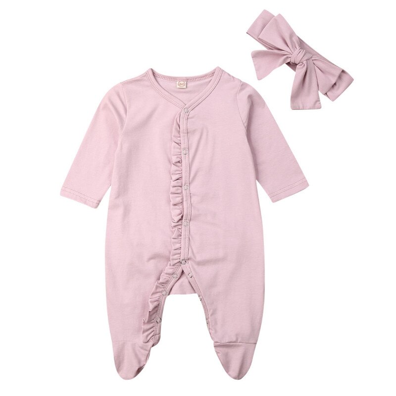 Emmababy 2PCS Newborn Kids Infant Baby Boy Girl Long Sleeve Cotton Button Romper Jumpsuit Headband Clothes Outfit Autumn: Purple / Newborn