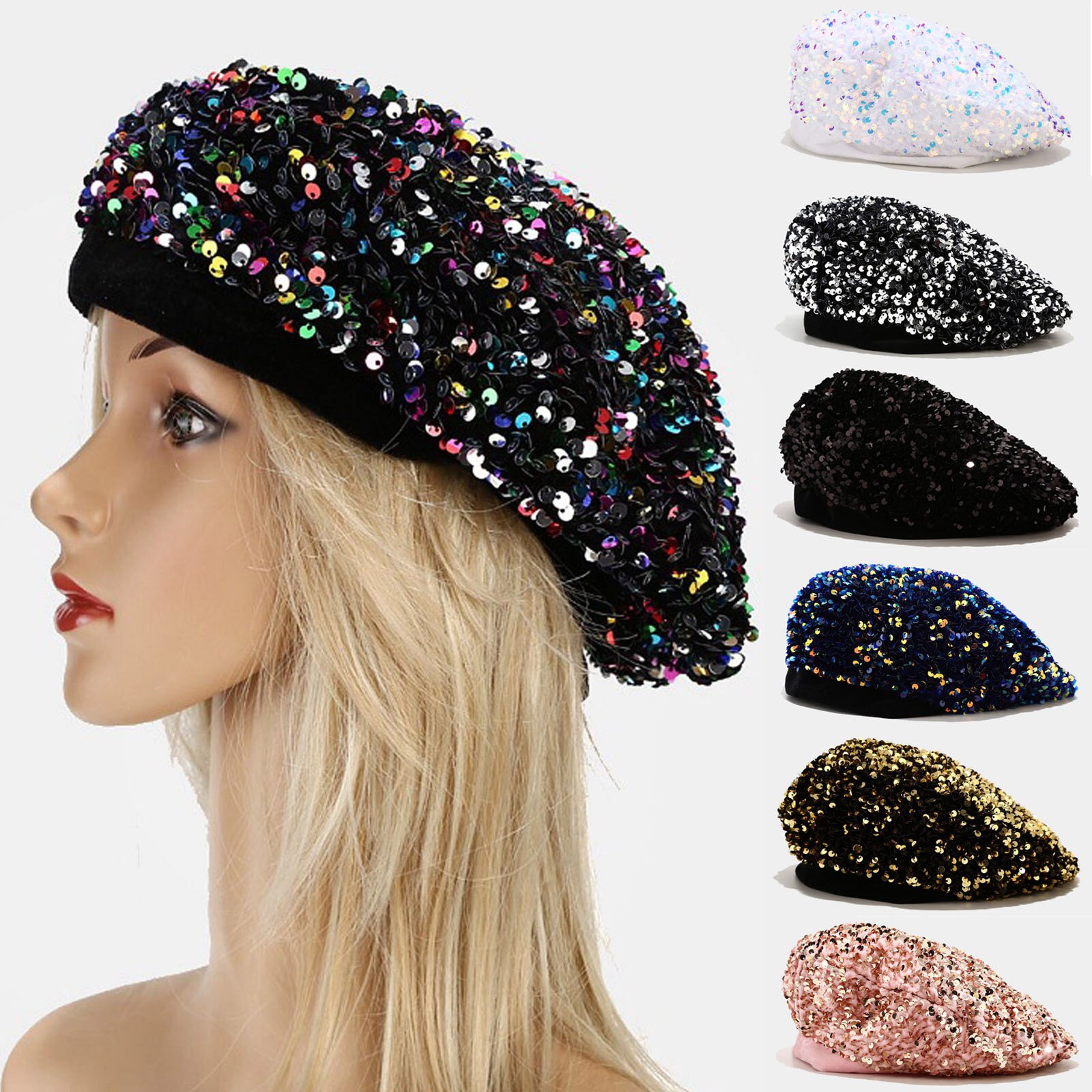 Boina de lentejuelas brillantes para mujeres a la , gorra de baile para chicas, boina informal para chicas, gorros, gorro de Club nocturno encantador