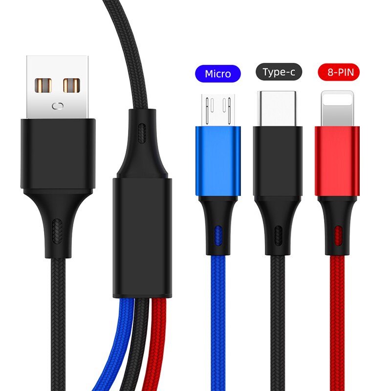 Cabo usb micro usb tipo 8 pinos 3 em 1, cabo para celular iphone xs max xr cabo de dados 3a de carregamento rápido