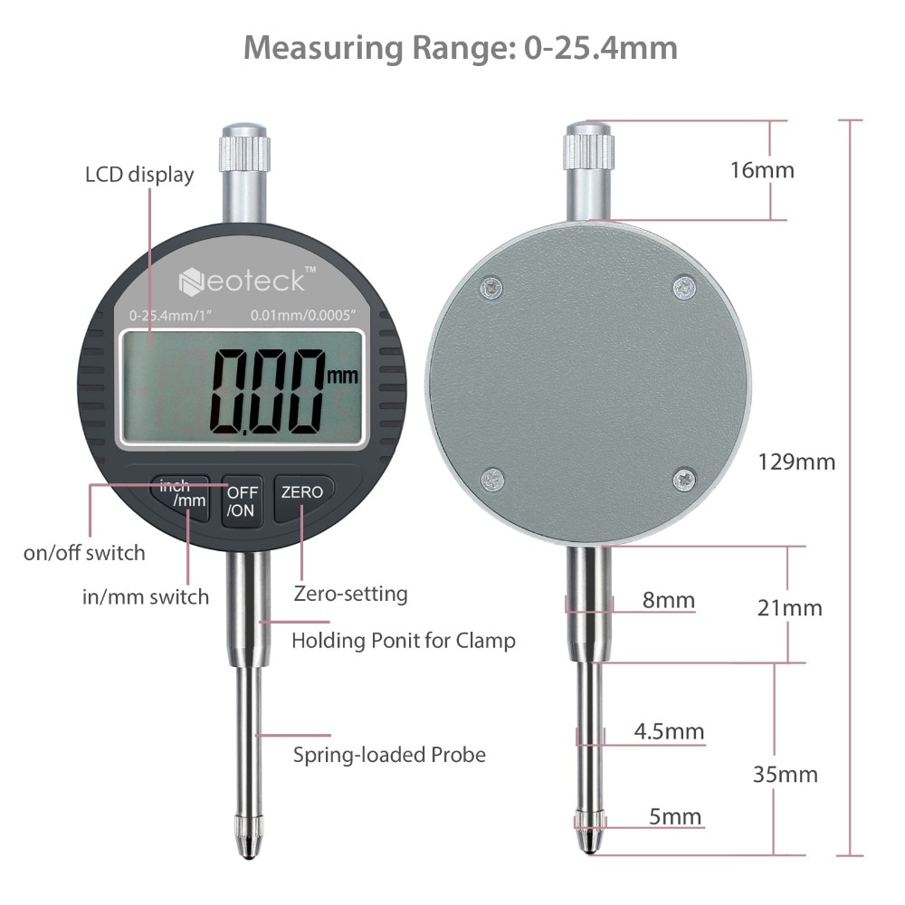 Neoteck 0.01/.0005'' Accurate Dial Test Indicator Electronic Micrometer Measuring Instrument Tool DTI Digital Dial Indicator