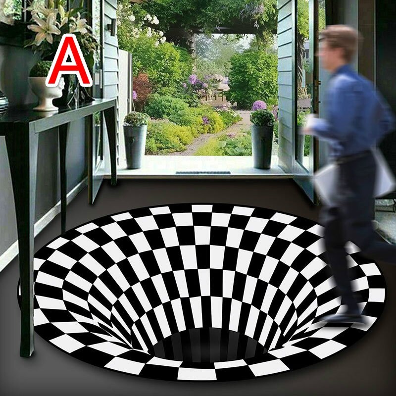 Tea Table Sofa Living Room Illusion Carpet Decor 3D Three-dimensional Black&White Stereo Vision Mat Carpets for Home Decor: 120CM / A