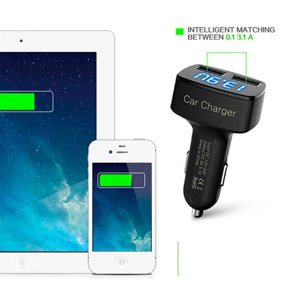 Caricabatteria USB Doppio da Auto 2A per Smartphone Caricatore Voltmetro Amperometro Nero