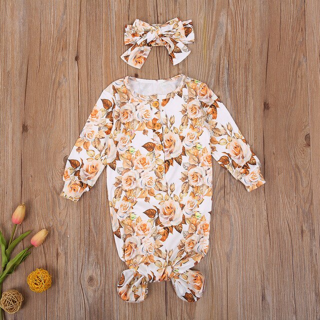 Baby Girls Nightgown Knoted Sleepers with Headband Floral Print Cotton 2 Piece Sleep Set