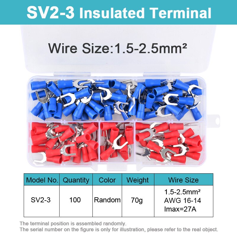 100 Stuks Draad Connector Terminals SV1.25 SV2 Vork Gevorkt Crimp AWG22-10 Geïsoleerde Jst Tin Terminales Electricos Para Kabel Gewrichten: SV2-3
