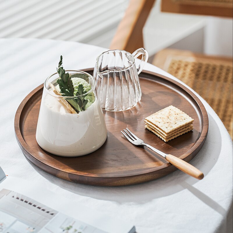 MUZITY Round Solid Wood Plate Dessert Dinner Plate Wooden Saucer Tea Tray Whole Acacia Wood Tableware Set