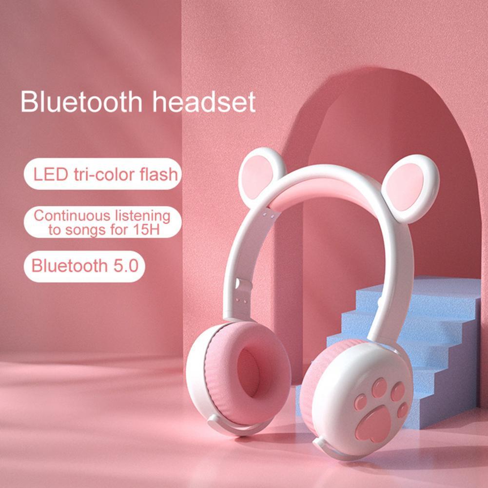 Écouteurs Bluetooth 5.0 multicolores, lumineux, pliables, forme d'ours, casque de jeu pour téléphone, tendance,