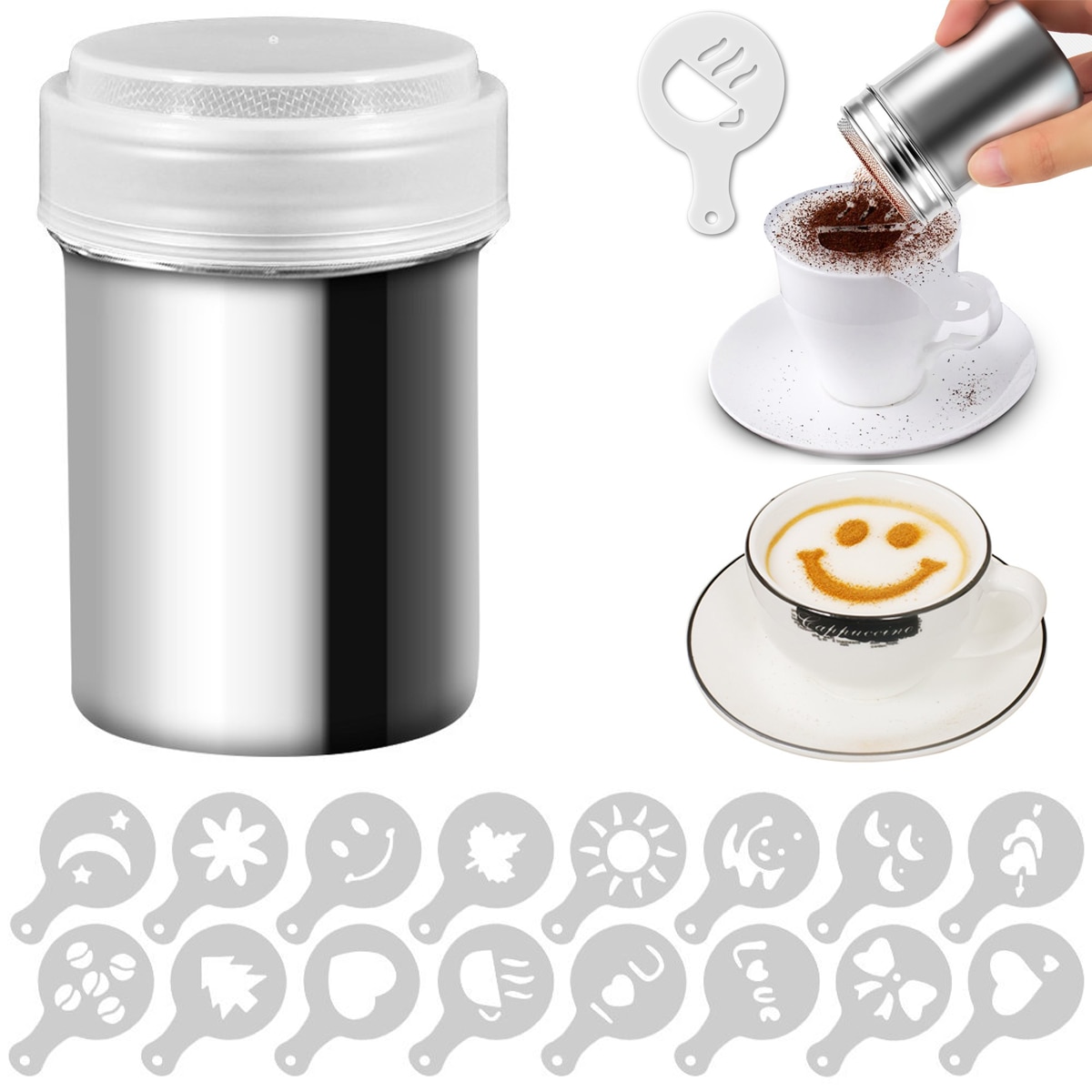 Rustfrit stål chokolade shaker kakaomel kaffe sigtemaskine 8/16 stk cappuccino kaffe skabelon strew pad duster spray værktøj  d30