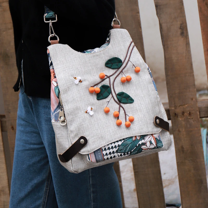 Zaino etnico Borsa a tracolla da donna in lino di cotone retrò Zaini multiuso femminili Borse da viaggio leggere per zainetto da ragazza