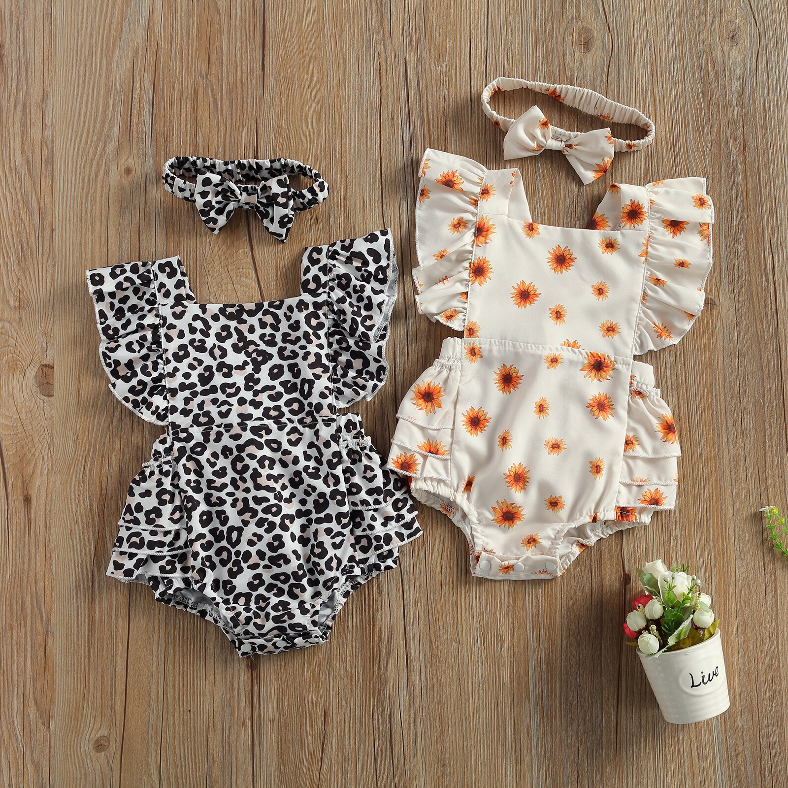 Summer Clothes Newborn Baby Girls Boys Leopard/Floral Rompers Headband Ruffles Short Sleeve Backless Jumpsuits Outfit 0-24M