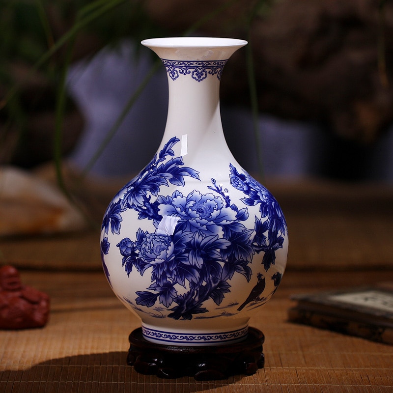 Jingdezhen Blå og Hvit Porselensvase - finne Benporselensvase med Peon - Keramikkvase