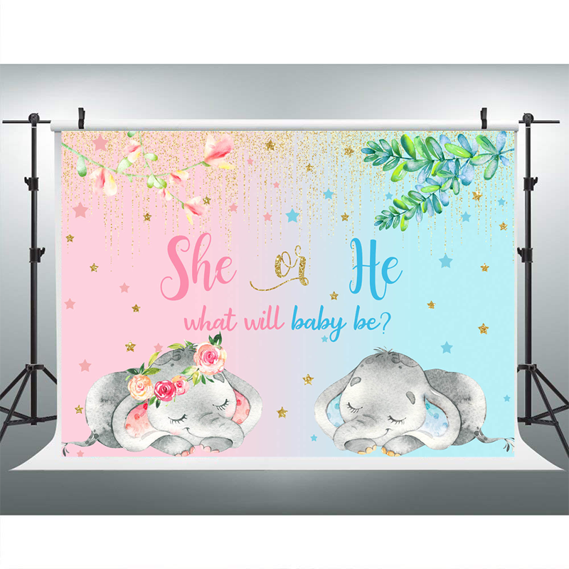 Geslacht Onthullen Achtergrond Voor Slapen Olifant Baby Douche Fotografie Achtergrond Glitter Gouden Kwastje Decoratie Banner Poster