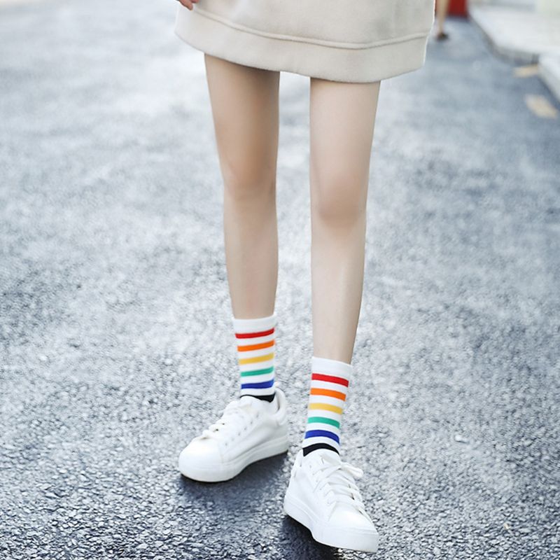 Women Teen Girls Harajuku Rainbow Striped Crew Socks Preppy Style Hip-Hop Skateboard Cotton Novelty Sports Short Tube Hosiery