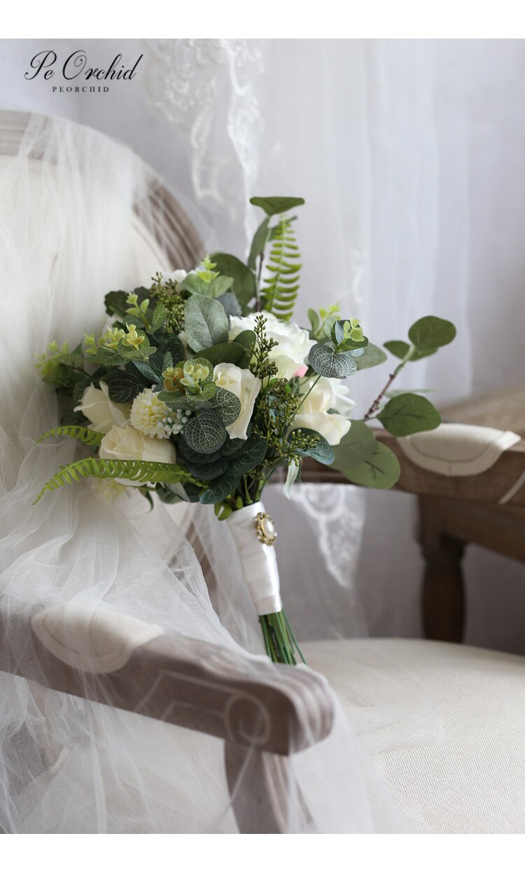 PEORCHID Tuin Stijl Bruidsboeket Rose Bloemen Kunstmatige Bruids Boeket Boho Bruidsboeket Real Touch Eucalyptus Boeket
