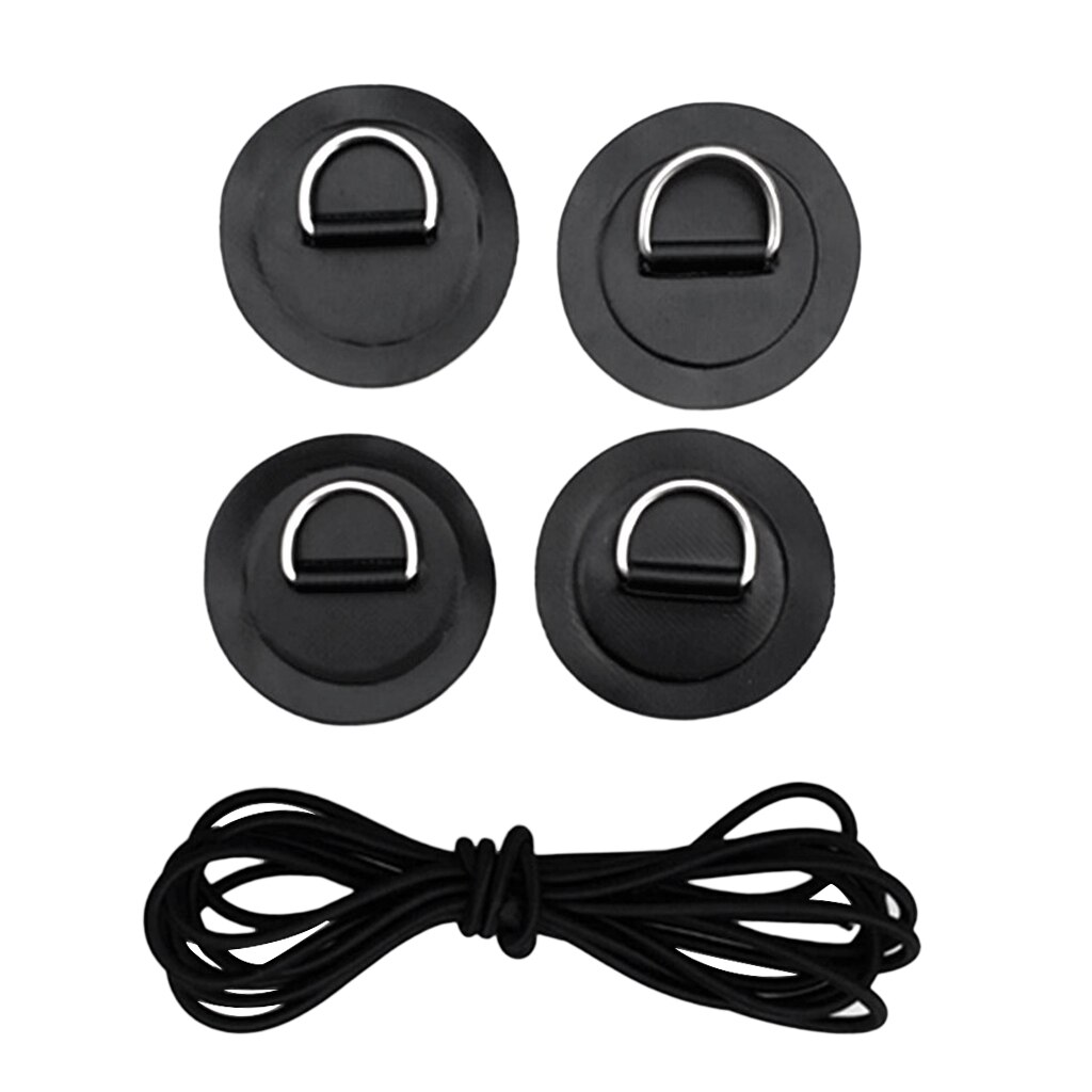 1 sæt 4 stk. d ring pad patch båddæk med 3.6 m bungee reb deck rigging kit til stand up paddleboard deck attachment tools: Sort