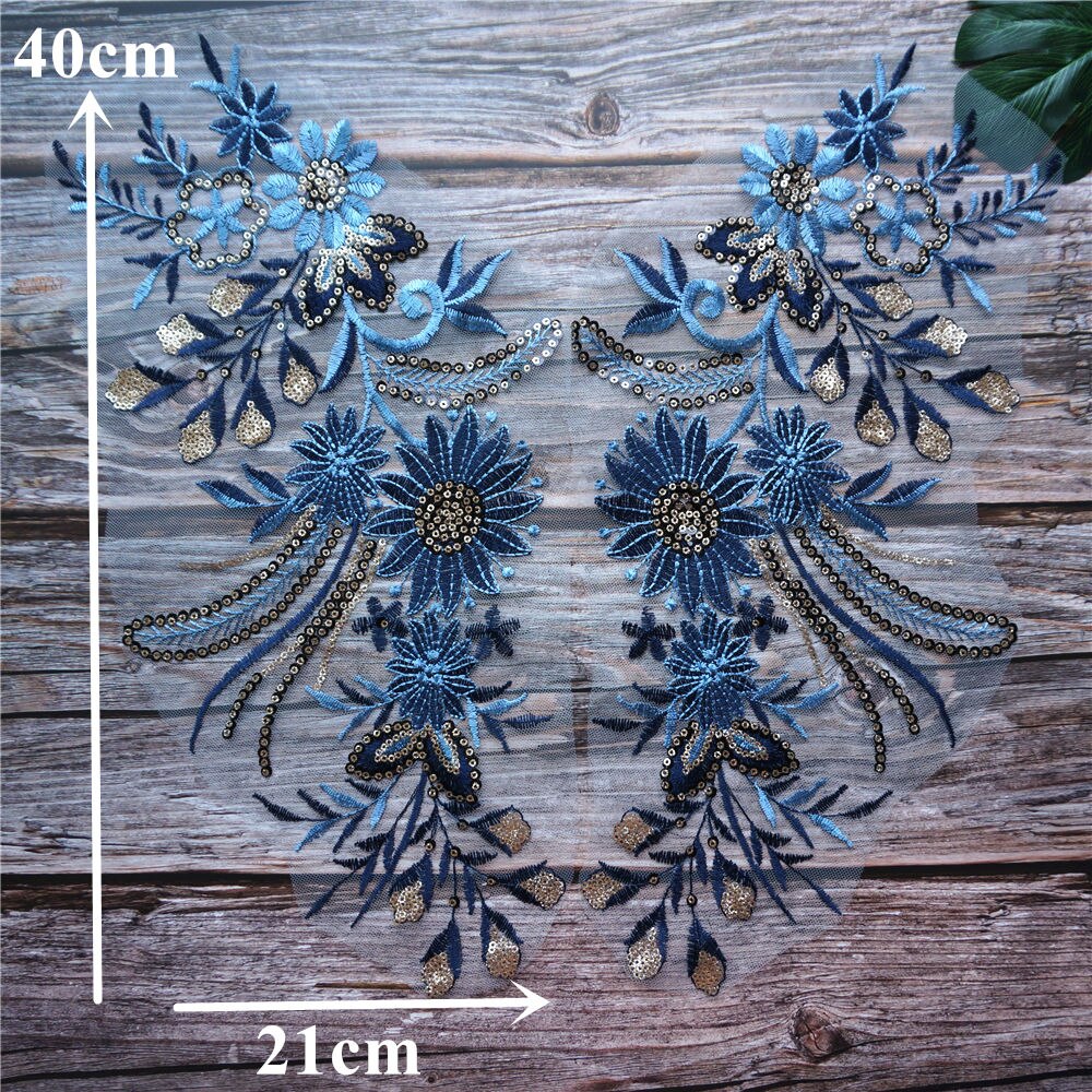 2 sæt 4 stk blå paillet blomsterblonder stof broderet kjole applikationer krave høj luksus mesh sy patches til kjoler: 2 sæt 2