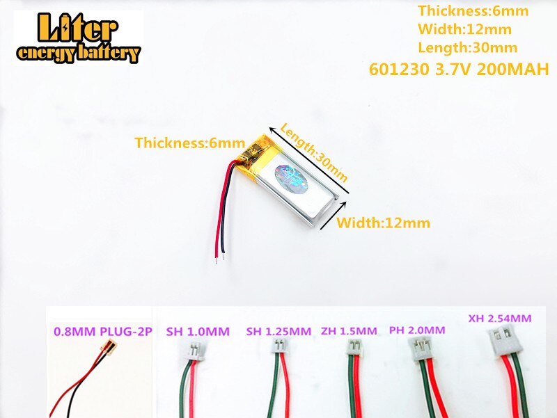 Batería de polímero de litio para MP3, MP4, MP5, de 3,7 V batería recargable, 200mAh, 601230