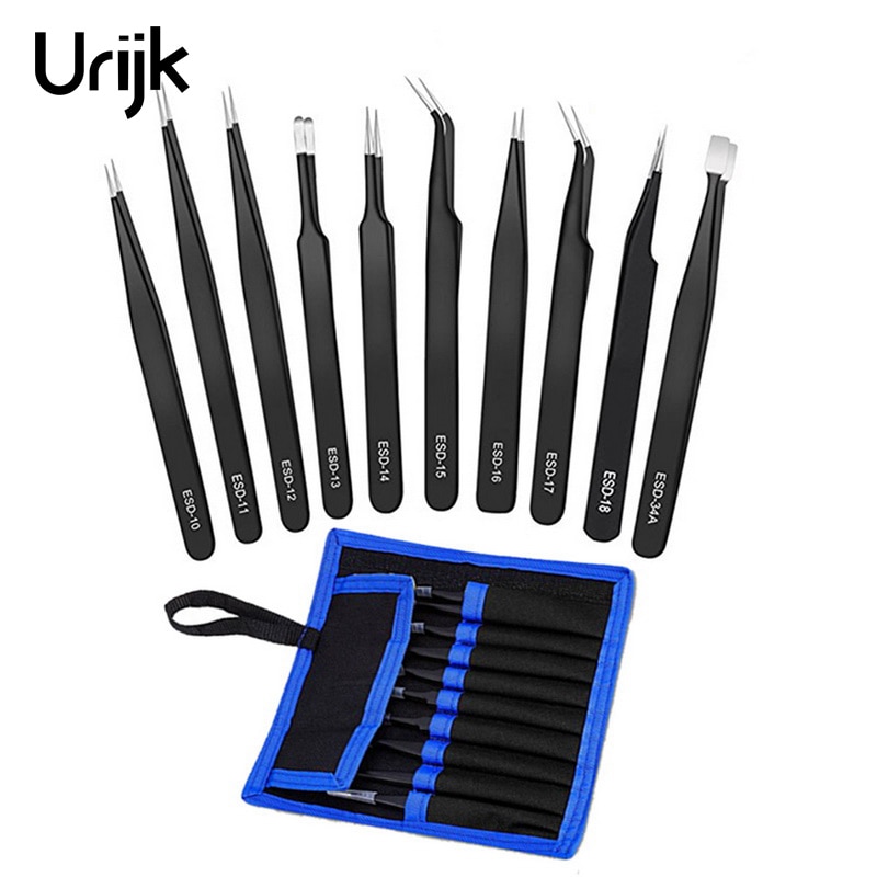 Urijk 6/10Pcs Tweezers Tools Kit ESD Precision Antistatic Tip Curved Straight Stainless Steel Tweezers Nipper Repair Tool