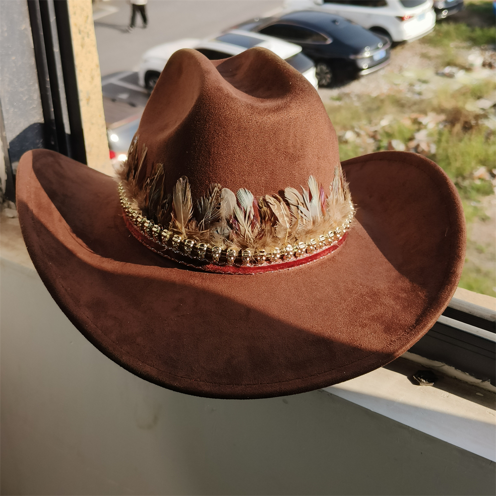 ethnic Vegan Suede Cowboy Hat wide brim feather Cowgirl hat party Western Cowboy hat Cattleman Style knight hat: army green