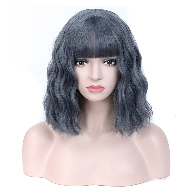 Perucas de cabelo curto ondulado sintético da onda de água com franja fibra resistente ao calor cosplay peruca de cabelo diário preto vermelho azul claro: Gray Blue