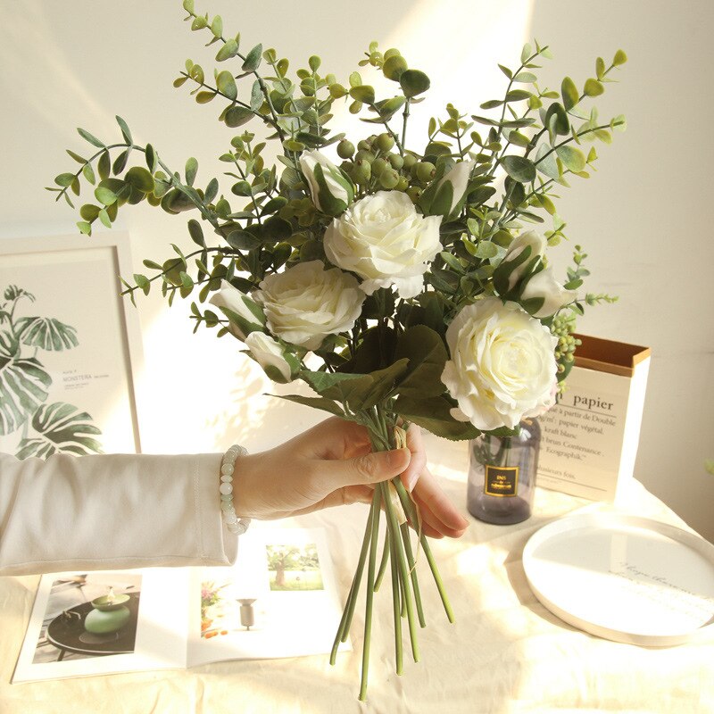 Brudebuket brudepige kunstig silke blomst ægteskab bord tilbehør bryllup blomster rose eukalyptus blade buketter