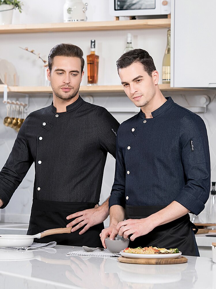 Chaqueta vaquera de Chef informal Unisex, camisa de manga larga con cuello oblicuo, de un solo pecho, para cocina, Catering, restaurante, servicio de comida, uniforme de trabajo