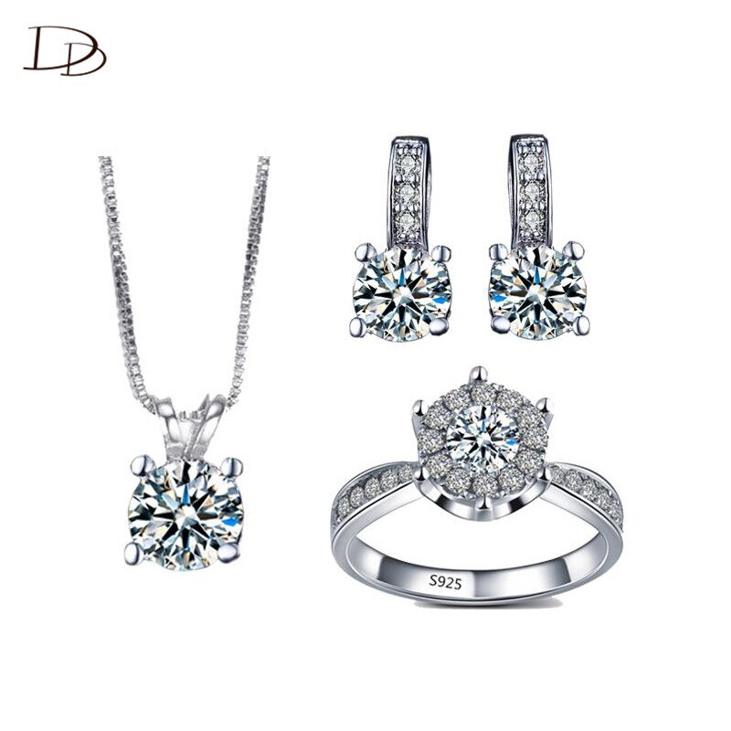 Prachtige Bruiloft Sieraden Sets Wit Goud Kleur Aaa Rhinestone Ring Ketting Stud Oorbellen Bijoux Femme Sierdem Set ASM011