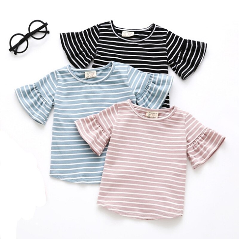Zomer Baby Meisjes Kleding Lotusblad Mouw 100% Katoen Baby T-shirt Korte Mouw Gestreept T-shirt Soft Tops Baby Meisje kleding