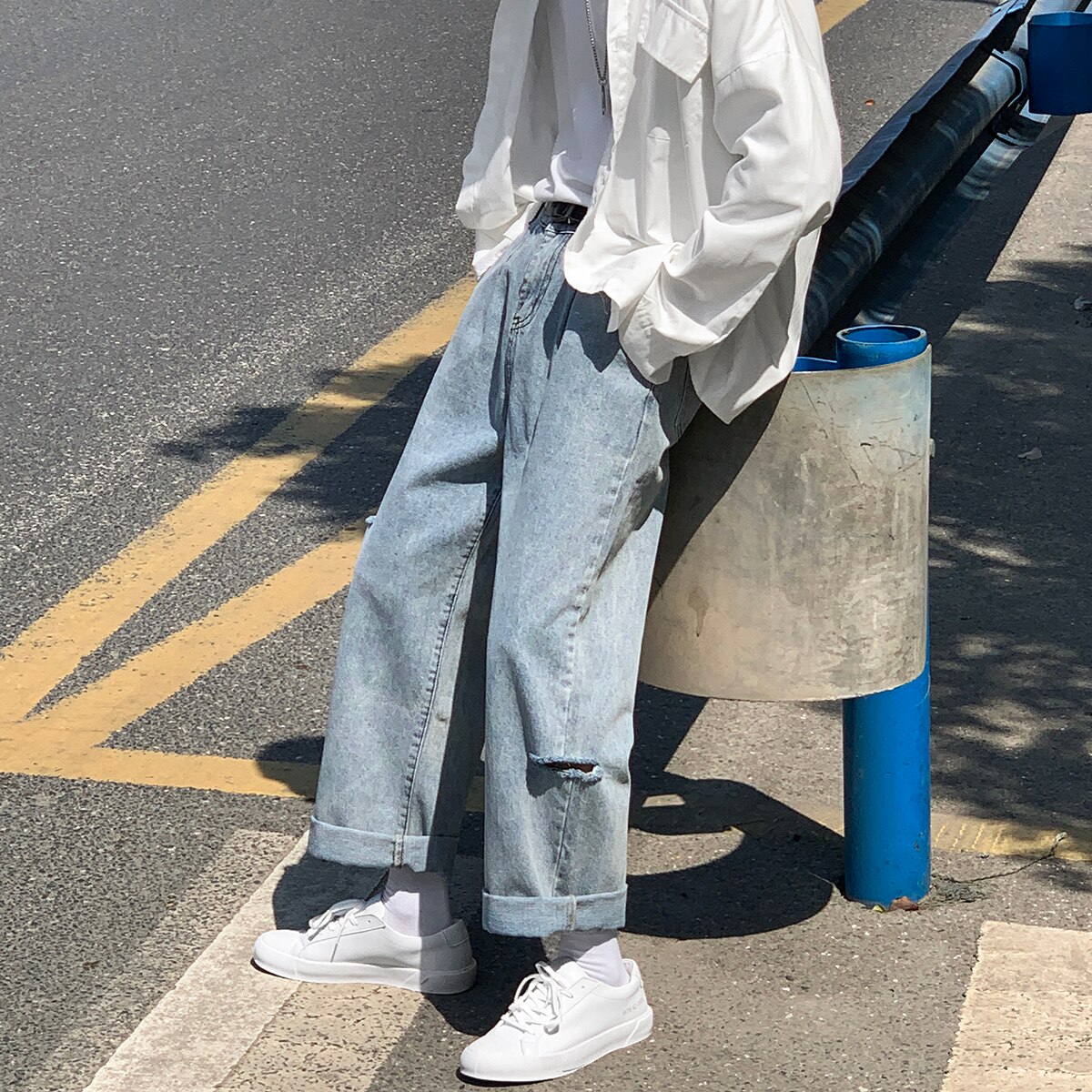 Koreaanse Stijl Ripped Baggy Jeans Kpop Mode Straight Denim Broek Mannen Kleding Hip Hop Cargo Broek Streetwear Mannelijke