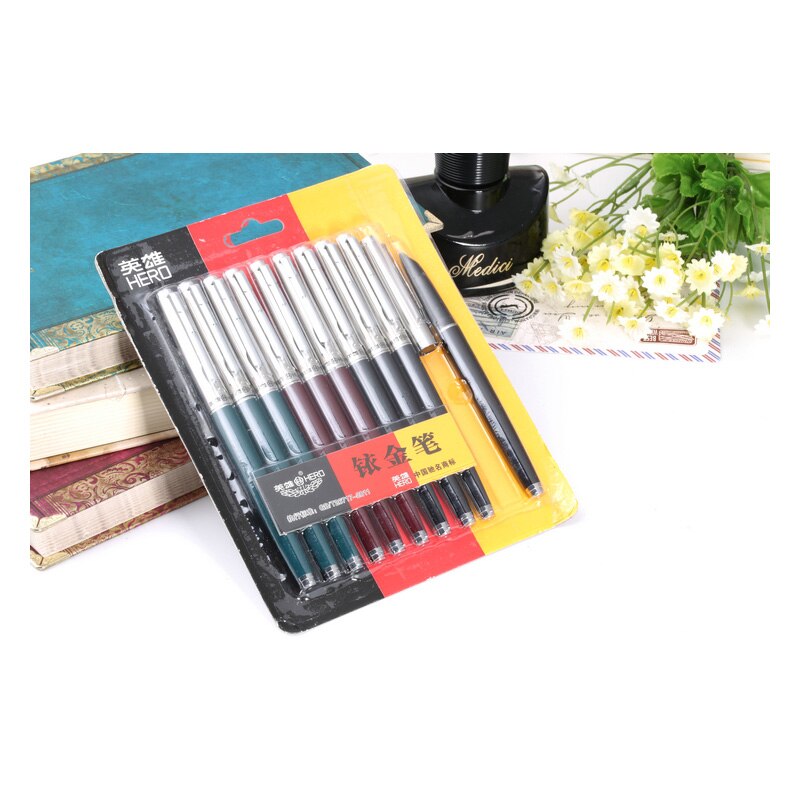 10Pcs/set Hero 007 Classic Style Metal Fountain Pen 0.5mm Inking Pens for Writing School Stationery