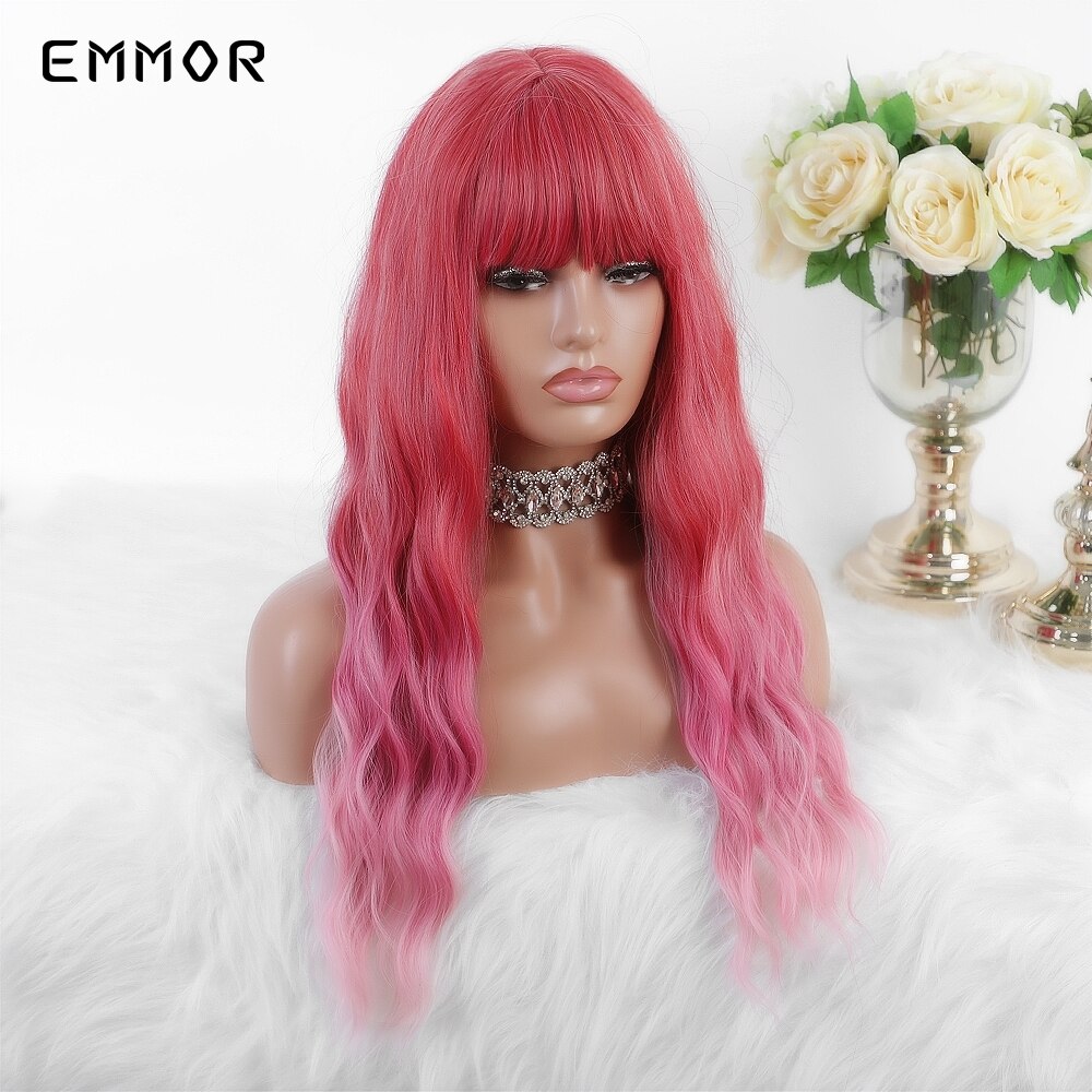 Emmor lange roze ombre watergolf synthetische haarpruiken met pony, hoge temperatuur vezel, kleurrijke cosplaypruik voor coole meiden