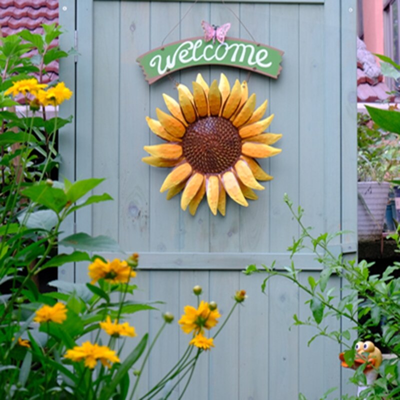 Garden Welcomeing Signs Metal Hanging Yard Art Decorative Outdoor Garden Signs Sunflower Outside Hand-Painted Decor