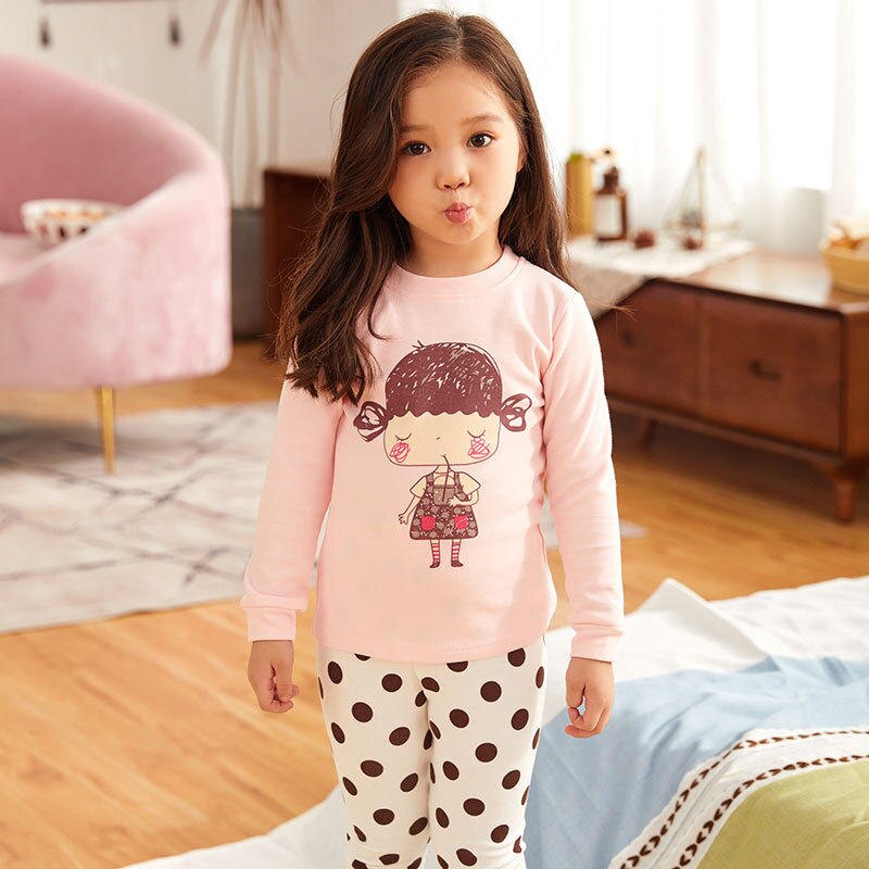 Kid's Children's Girl Cute Lovely Sweet Cartoon Little Girl Printed Long Sleeved Pajamas Sets Polka Dot Sleepwear Outfit