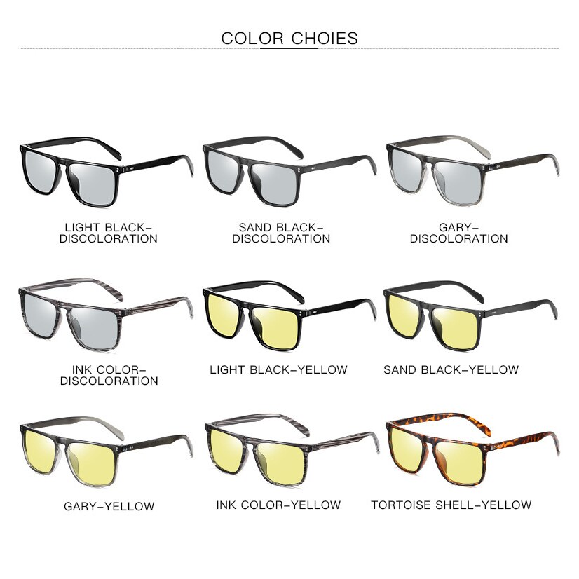 Mænds nattesyn polariserede fotokromiske briller, firkantede solbriller med farveskiftende solbriller  s193