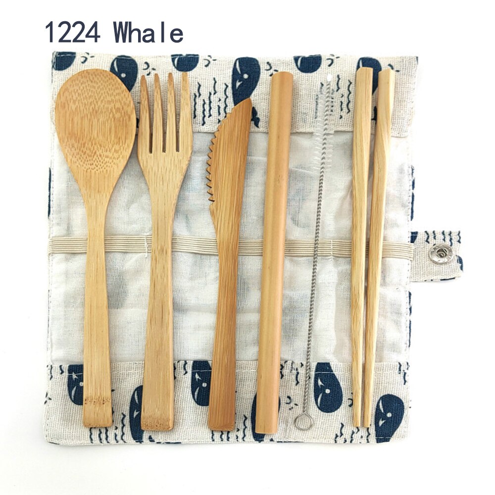 Bamboe Bestek Set Herbruikbare Bestek Set Servies Mes, Vork, Lepel, stro 0 Afval Dinnnerware Camping Reizen Bestek Set: 1224 Whale