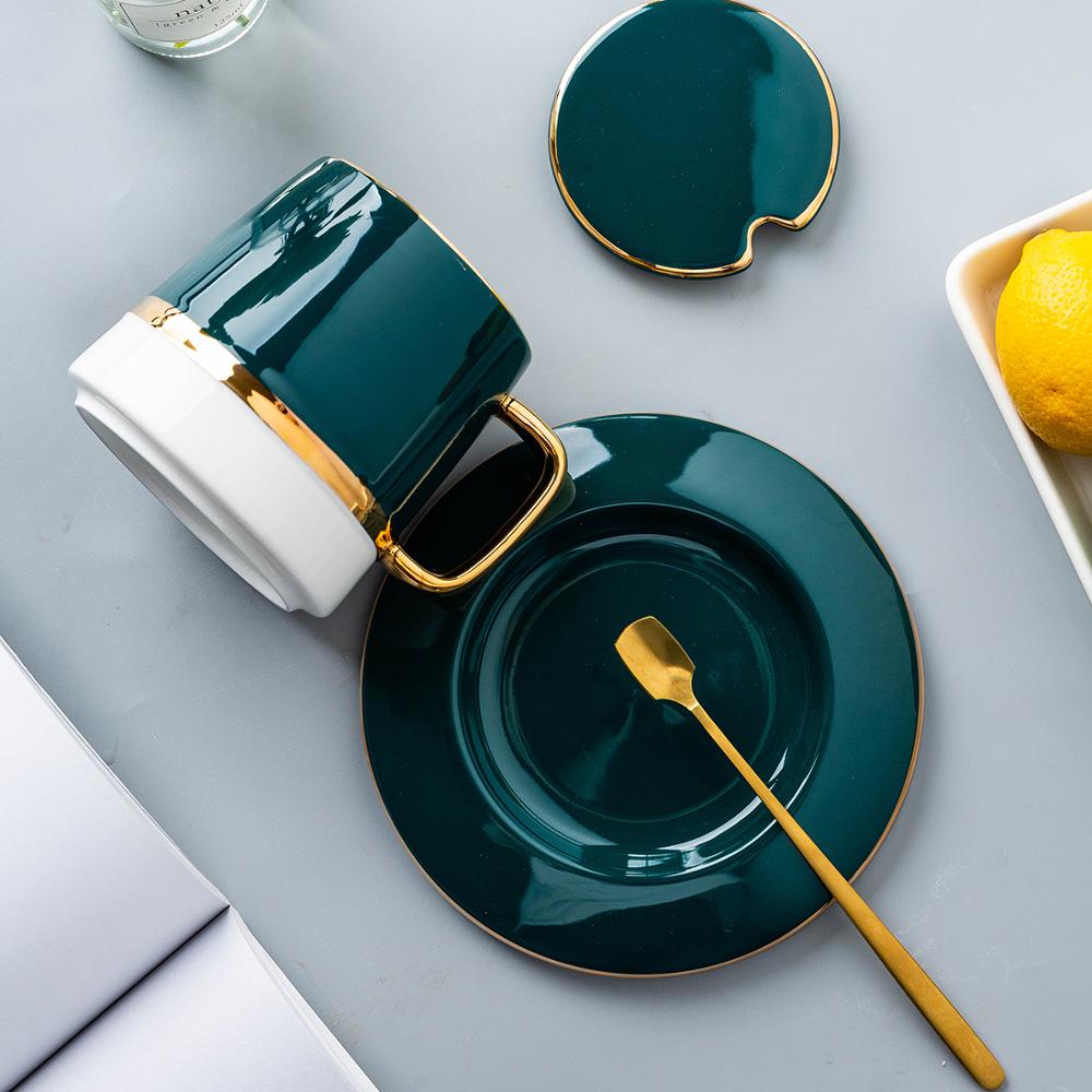 Juegos de tazas de café verde, con esterilla y cucharas, tapa de Taza de cerámica, juegos de cubiertos de leche para el desayuno, caja de para cumpleaños de San Valentín