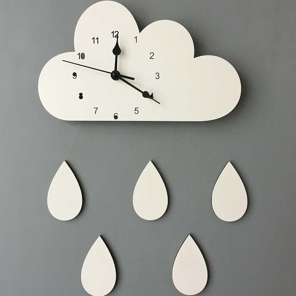 Nordic Rain Wall Clock Cute Cloud With Rainbow Rain Shape Baby Room Kids Girls Wood Mute Timepiece Watch Bedroom 2022