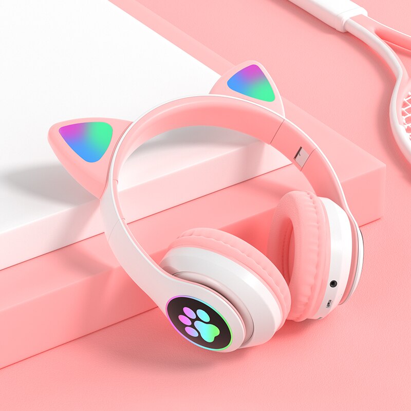 Wireless Headphones for Kids & Adults - RGB Cat Ear Bluetooth 5.0 with Mic, Noise Cancelling, TF Card Support: Pink