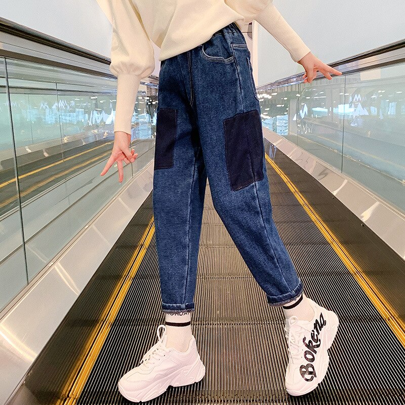 Girls Autumn Denim Pants Outer Wear Children Winter Clothes Kids Casual Sport Slacks Stitching Teenage Plus Velvet Padded Jeans
