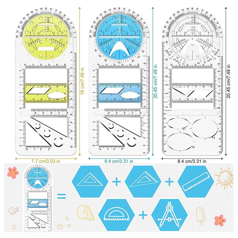 3 Pieces Multifunctional Geometric Ruler Mathematics Drawing Ruler Measuring Tool Geometric Measuring Draft Rulers