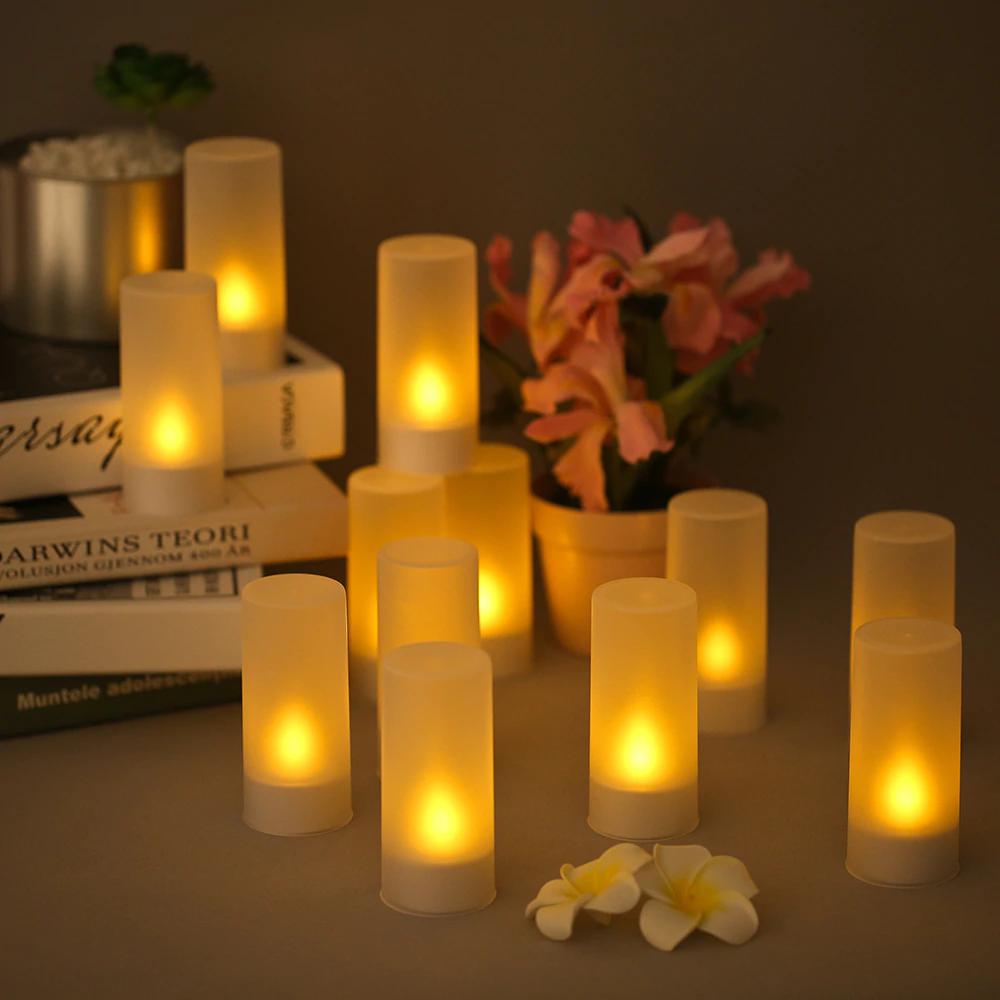 Oplaadbare Led Flickering Vlamloze Kaarsen Waxinelicht Verlichting Met Mat Cups Opladen Base Geel Licht 4/6/12 Stks/set