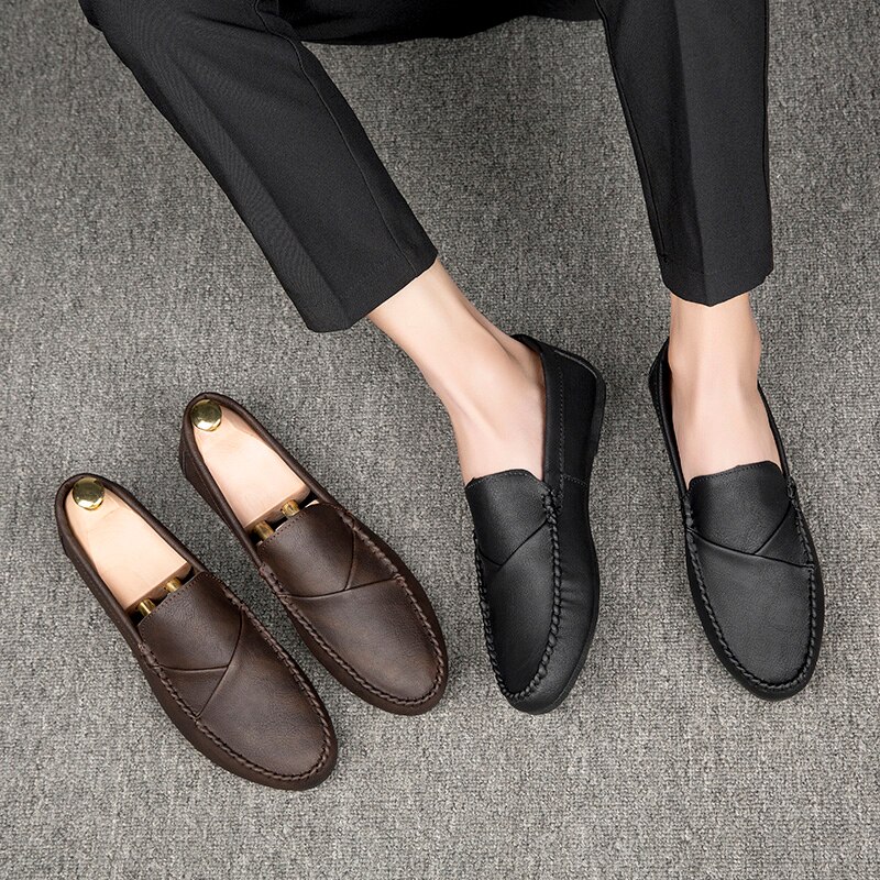 Mocasines de cuero suaves y cómodos para hombre, calzado informal sin cordones, para exteriores, calzado de descanso para conducción