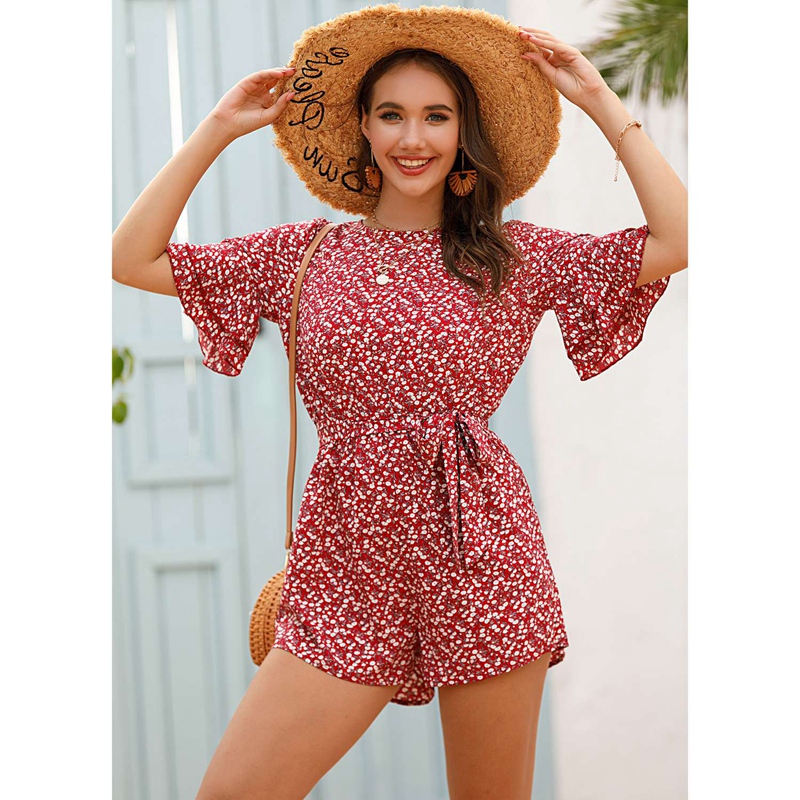Vrouwen Boho Bloemen Rompertjes Dames Zomer Strand Korte Playsuit Mode Dames Jumpsuit Wijn Rood M