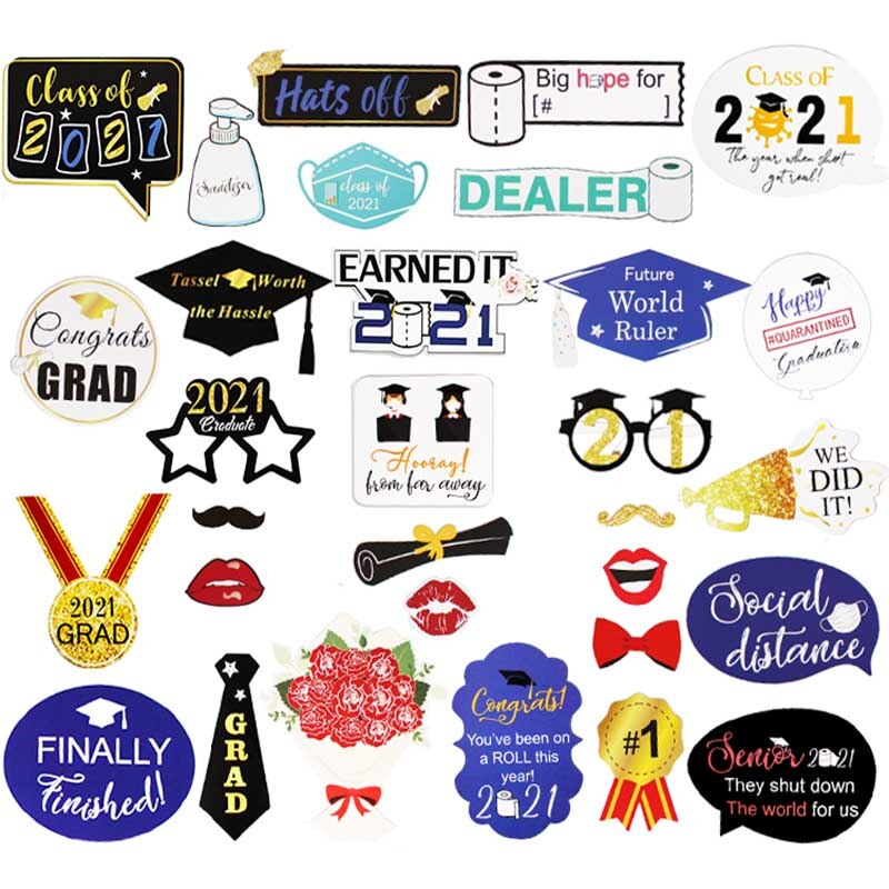 31pcs Quarantine Photo Booth Props Graduation Party Decoration Photobooth Bachelor Cap Grad Congrate Graduated Supplies